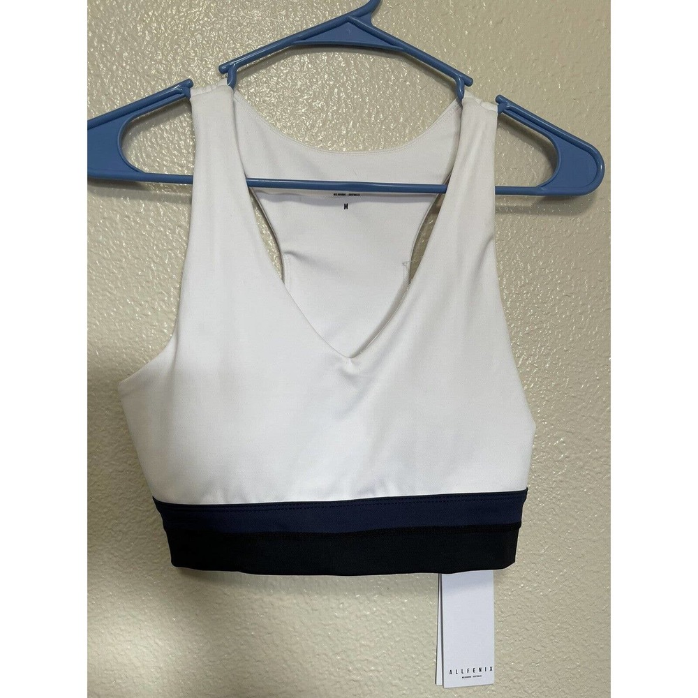 NWT Allfenix Mia Stripe Sports Bra Womens Size Medium White Black Blue